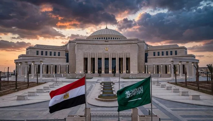 Parlamento egipcio con las banderas de Egipto y Arabia Saudita ante el posible apoyo militar.